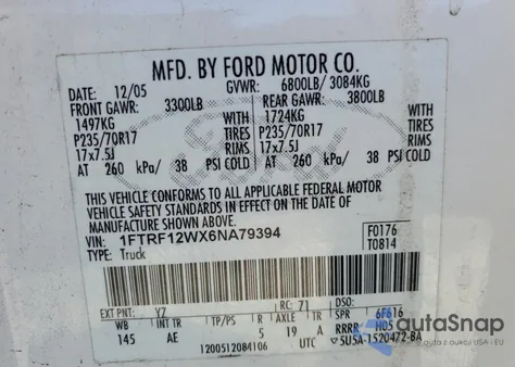 2006 Ford F150 z USA, uszkodzony, nr VIN 1FTRF12WX6NA79394